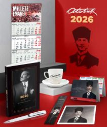 2026 Atatürk İstikbal Ajanda - Duvar Takvimi-ME - Masa Takvimi - Ayraç - Kartpostal - Metal Roller Kalem ve İmza Kahve Fincanı