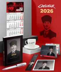 2026 Atatürk Kalpaklı Ajanda - Duvar Takvimi-AV - Masa Takvimi - Ayraç - Kartpostal - Metal Roller Kalem ve İmza Kahve Fincanı