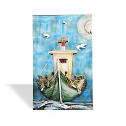 3D Ahşap Kabartma Tablo Balıkçı Teknesi ve Martılar HK1344