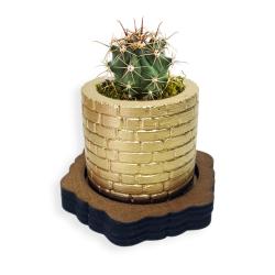 Ahşap Ayaklı, Duvar Desenli Beton Saksı Altın HK1653