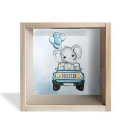 Camlı Ahşap Kumbara Mavi Arabalı Fil Ham Ahşap HK0659-HM