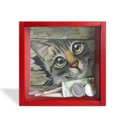 Camlı Ahşap Kumbara Kedicik Kırmızı HK0660-0011