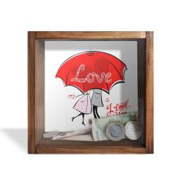 Camlı Ahşap Kumbara Kırmızı Şemsiyeli Love HK0634