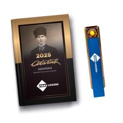 Firmalara Özel 2025 Atatürk Ajanda Kalpaklı ve USB Şarjlı Çakmak Minimum Sipariş 10 Adet