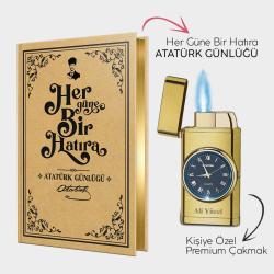 Kişiye Özel - Brushed Gold Saatli Çakmak ve Atatürk Günlüğü