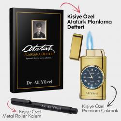 Kişiye Özel - Kalpaklı Siyah Planlama Defteri  - Brushed Gold Saatli Çakmak - Metal Roller Kalem