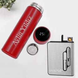 Kişiye Özel Kırmızı Dereceli Termos ve  Şarjlı Çakmaklı Tabaka