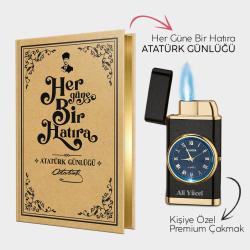 Kişiye Özel - Mat Siyah Saatli Çakmak ve Atatürk Günlüğü