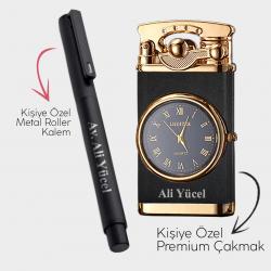 Kişiye Özel - Retro Mat Siyah Saatli Çakmak - Metal Roller Kalem