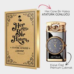 Kişiye Özel - Retro Piano Black Saatli Çakmak ve Atatürk Günlüğü