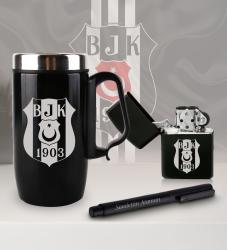 Kişiye Özel Taraftar Seti - Termos Kupa Bardak - Benzinli Çakmak - Metal Roller Kalem - Beşiktaş