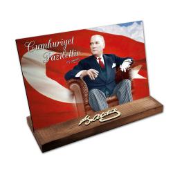 Masaüstü Ahşap Tablo - Atatürk İmzalı ve Resimli Model 6 HK2510-06