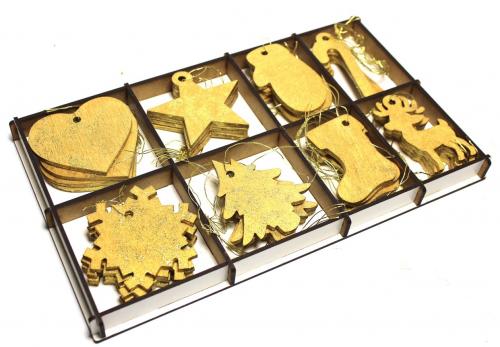 Altın Rengi Yılbaşı Ağacı Süsü 8 Model Ahşap Kutuda, 32 Adet