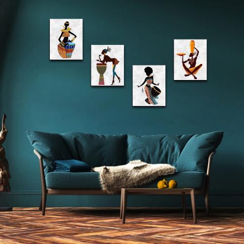 Zenci Kadın Baskılı 4'lü Ahşap Duvar Tablosu Küçük Boy