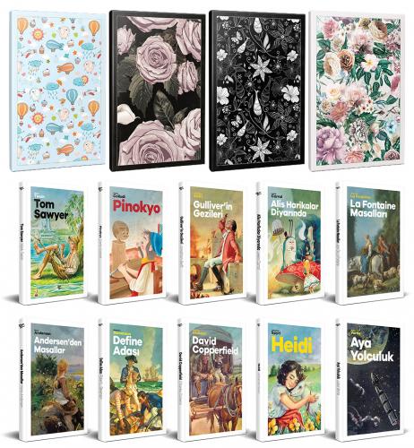 10 Dünya Çocuk Klasiği ve 4 Çiçekli Çizgili Defter -Set-4