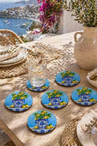 Limonlu Biblo Motifli Bardak Altlığı 6'lı Set – Sicilya Temalı - 9 cm,