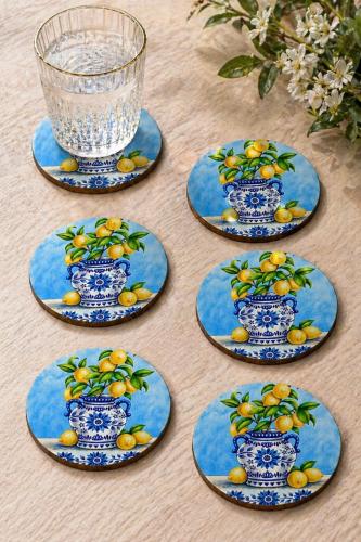 Limonlu Biblo Motifli Bardak Altlığı 6'lı Set – Sicilya Temalı - 9 cm,