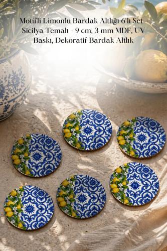 Motifli Limonlu Bardak Altlığı 6'lı Set – Sicilya Temalı - 9 cm, 3 mm MDF, UV Baskı, Dekoratif Bardak Altlık