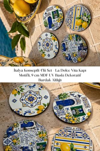 İtalya Konseptli 4'lü Set – La Dolce Vita Kapı Motifli, 9 cm MDF UV Ba
