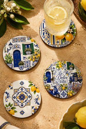 İtalya Konseptli 4'lü Set – La Dolce Vita Kapı Motifli, 9 cm MDF UV Ba