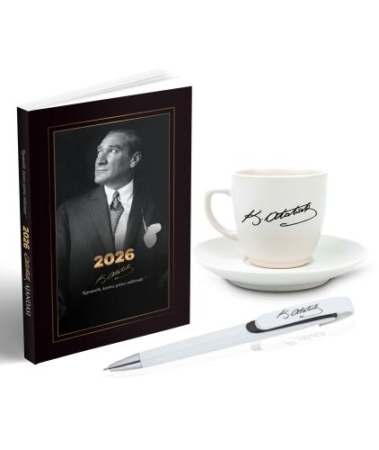 2026 Atatürk İstikbal Ajanda - Atatürk İmza Baskılı Kahve Fincanı - Ay