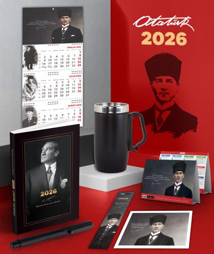 2026 Atatürk İstikbal Ajanda - Gazi Duvar Takvimi - Masa Takvimi - Ayraç - Kartpostal - Metal Roller Kalem ve Kulplu Termos Bardak