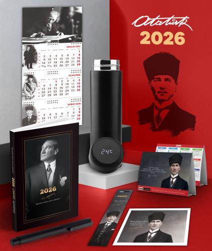 2026 Atatürk İstikbal Ajanda - İmza Duvar Takvimi - Masa Takvimi - Ayraç - Kartpostal - Metal Roller Kalem ve Dereceli Termos