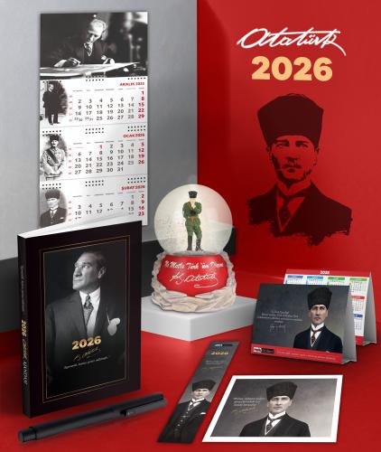 2026 Atatürk İstikbal Ajanda - İmza Duvar Takvimi - Masa Takvimi - Ayraç - Kartpostal - Metal Roller Kalem ve İzmir Marşı Kar Küresi
