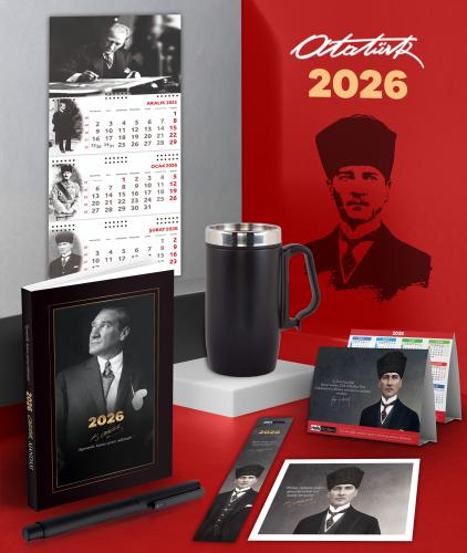 2026 Atatürk İstikbal Ajanda - İmza Duvar Takvimi - Masa Takvimi - Ayraç - Kartpostal - Metal Roller Kalem ve Kulplu Termos Bardak