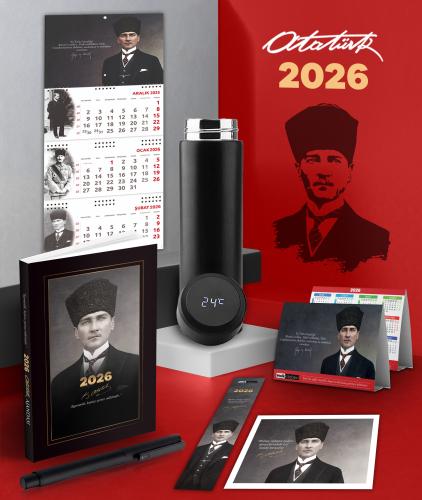 2026 Atatürk Kalpaklı Ajanda - Gazi Duvar Takvimi - Masa Takvimi - Ayraç - Kartpostal - Metal Roller Kalem ve Dereceli Termos