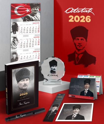 Kişiye Özel 2026 Atatürk Komutan Ajanda - Ayyıldız Duvar Takvimi - Masa Takvimi - Ayraç - Kartpostal - Metal Roller Kalem ve Kristal Portre