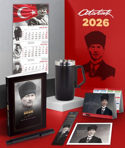 2026 Atatürk Komutan Ajanda - Ayyıldız Duvar Takvimi - Masa Takvimi - Ayraç - Kartpostal - Metal Roller Kalem ve Kulplu Termos Bardak