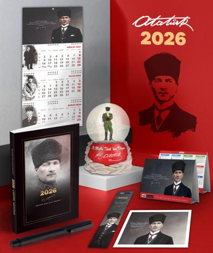 2026 Atatürk Komutan Ajanda - Gazi Duvar Takvimi - Masa Takvimi - Ayraç - Kartpostal - Metal Roller Kalem ve İzmir Marşı Kar Küresi
