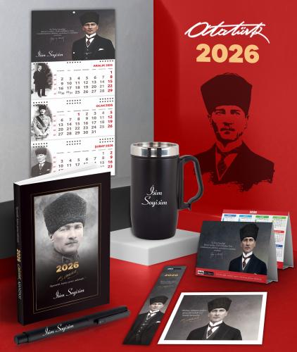 Kişiye Özel 2026 Atatürk Komutan Ajanda - Gazi Duvar Takvimi - Masa Takvimi - Ayraç - Kartpostal - Metal Roller Kalem ve Kulplu Termos Bardak