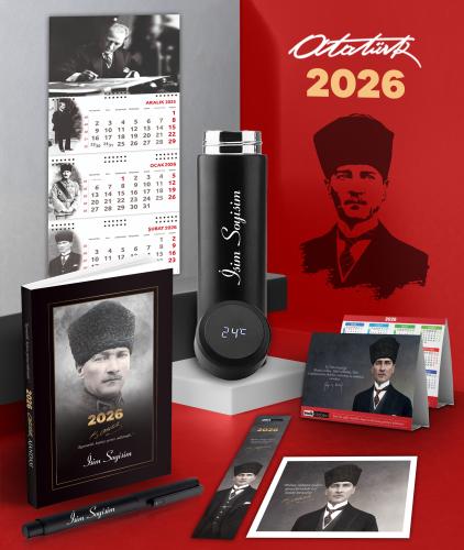Kişiye Özel 2026 Atatürk Komutan Ajanda - İmza Duvar Takvimi - Masa Takvimi - Ayraç - Kartpostal - Metal Roller Kalem ve Dereceli Termos