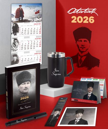 Kişiye Özel 2026 Atatürk Komutan Ajanda - Sakarya Duvar Takvimi - Masa Takvimi - Ayraç - Kartpostal - Metal Roller Kalem ve Kulplu Termos Bardak