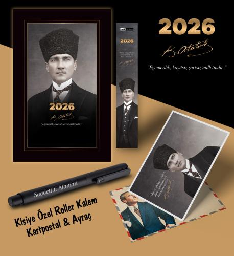 2026 Kalpaklı Atatürk Ajandası Ayraç Kartpostal Kalem - Siyah