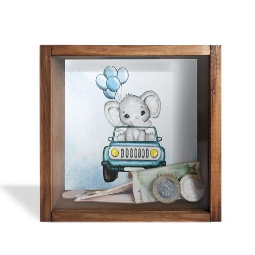 Camlı Ahşap Kumbara Mavi Arabalı Fil - Halkkitabevi