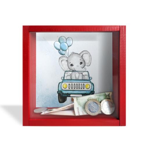 Camlı Ahşap Kumbara Mavi Arabalı Fil Kırmızı - Halkkitabevi