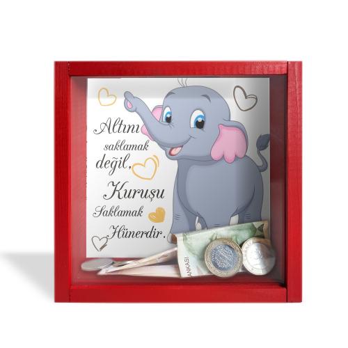 Camlı Ahşap Kumbara Filli Kırmızı - Halkkitabevi