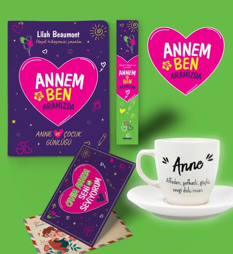 Annem ve Ben Aramızda Günlüğü Karpostal-Ayraç ve Anne Yazılı Seramik Tekli Kahve Fincan Seti