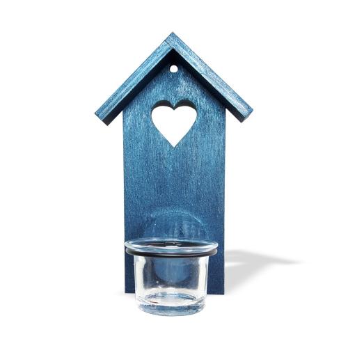 Ahşap Ev Desenli Tekli T-Light Cam Mumluk "Mavi" - Halkkitabevi