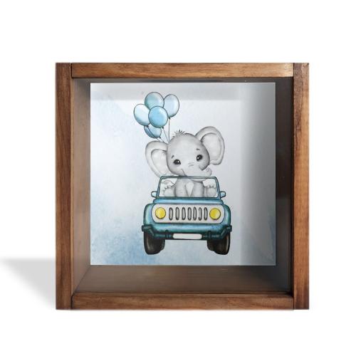 Camlı Ahşap Kumbara Mavi Arabalı Fil