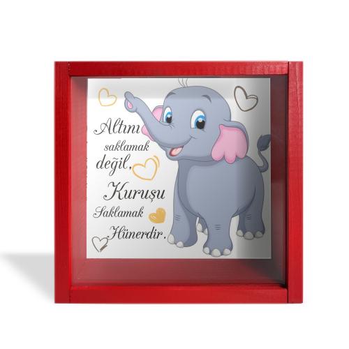 Camlı Ahşap Kumbara Filli Kırmızı