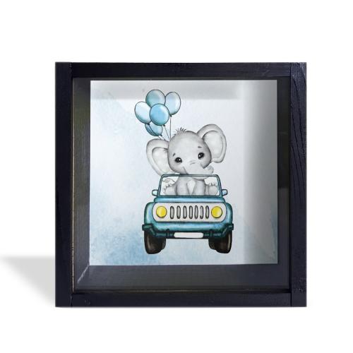 Camlı Ahşap Kumbara Mavi Arabalı Fil Siyah