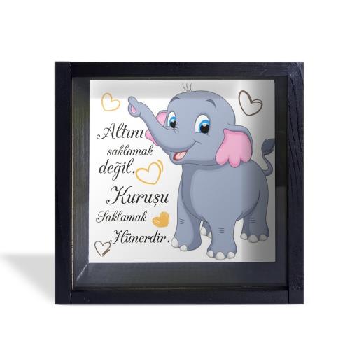 Camlı Ahşap Kumbara Filli Siyah