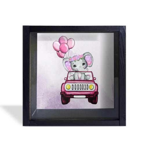 Camlı Ahşap Kumbara Kırmızı Arabalı Fil Siyah