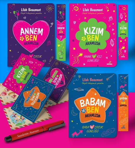 Anne - Baba - Kız Aramızda Ayraç Kartpostal Kişiye Özel Kalem - Kırmızı