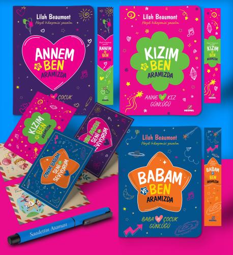 Anne - Baba - Kız Aramızda Ayraç Kartpostal Kişiye Özel Kalem - Mavi