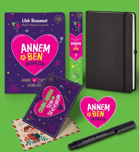 Annem ve Ben Aramızda Günlüğü Karpostal-Ayraç ve Siyah Termo Deri ve Siyah Roller Kalem Seti